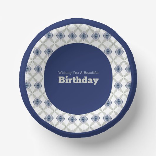 ブルーフローラパターン（の模様が）ある紙ボウル ペーパーボウル (正面)