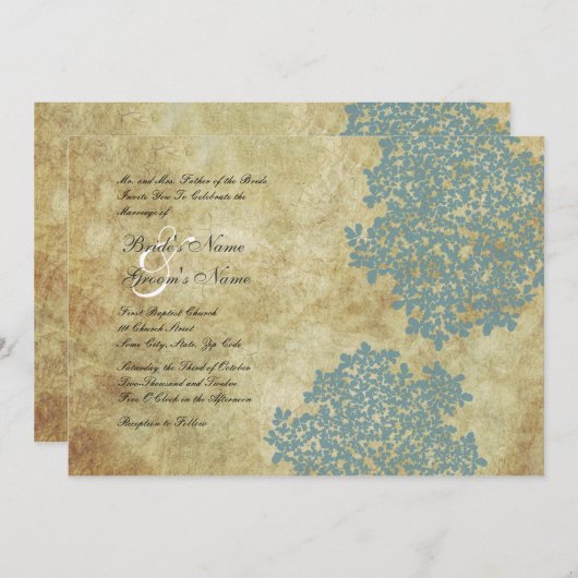 ブルーフローラビンテージウェディング招待状 招待状 (正面/裏面)