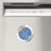 ブルーフローラピンクローズ結婚ブドパーソナライズされたズ マグネット (インサイチュ (食洗機))