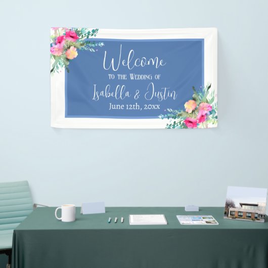 ブルーフローラピンクローズ結婚ブドパーソナライズされたズ 横断幕 (トレードショー)