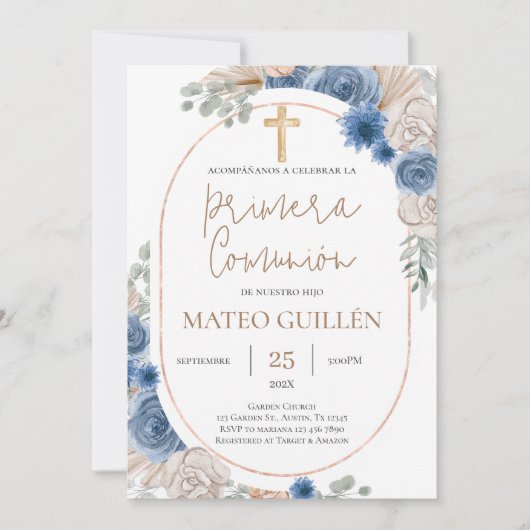 ブルーフローラファーストコミュニオンスペインの招待状 招待状 (正面)