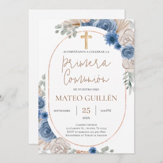 ブルーフローラファーストコミュニオンスペインの招待状 招待状 (正面/裏面)