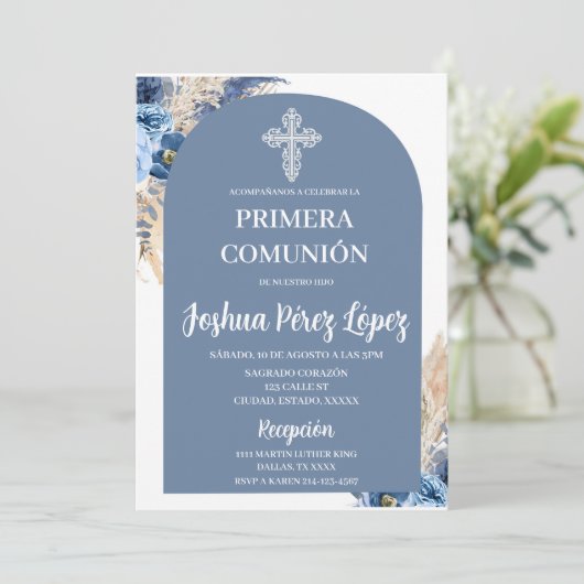 ブルーフローラファーストコミューンスペインの招待状 招待状 (スタンド正面)