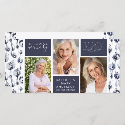 ブルーフローラフォトコラージュ葬儀悔やみや弔慰 サンキューカード (正面/裏面)