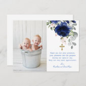 ブルーフローラフォトツインズ金ゴールドクロスバプテスマ サンキューカード (正面/裏面)