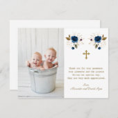 ブルーフローラフォトボーイズ双子金ゴールドクロスバプテスマ サンキューカード (正面/裏面)