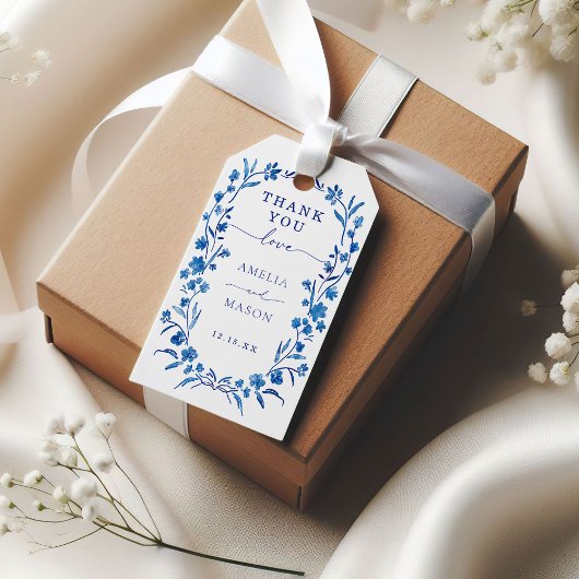 ブルーフローラフレーム結婚ズサンキューギフトラベル ギフトタグ