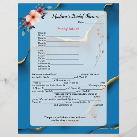 ブルーフローラブライダルシャワーアイスブレーカー💕 5単語おもしろい (裏面)