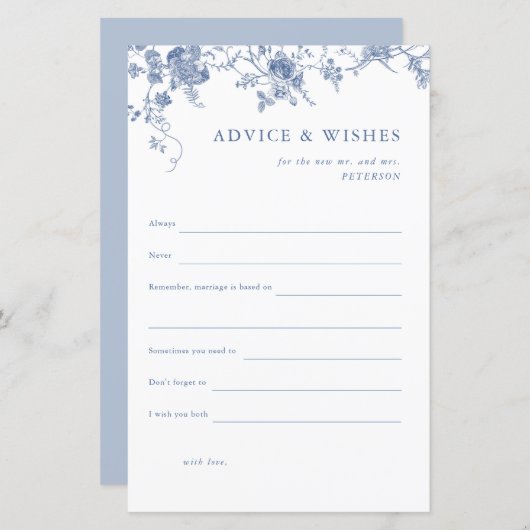 ブルーフローラブライダルシャワーアドバイス&ウィッシュズカード (正面/裏面)
