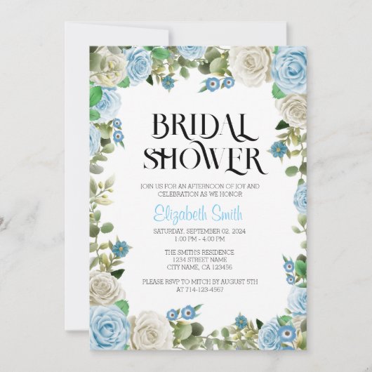 ブルーフローラブライダルシャワー招待テンプレート 招待状 (正面)