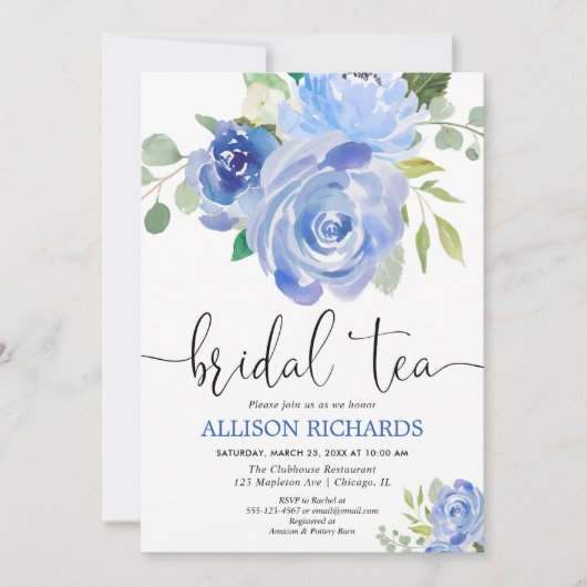 ブルーフローラブライダルティーパーティの招待状 招待状 (正面)