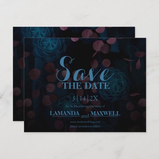 ブルーフローラブラックゴシック結婚式の日付を保存 セーブザデート (正面/裏面)