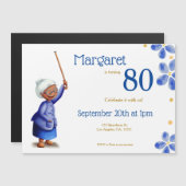 ブルーフローラブラック祖母80誕生日 マグネット招待状 (正面/裏面)