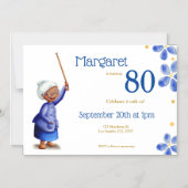 ブルーフローラブラック祖母80誕生日 マグネット招待状 (正面)