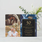 ブルーフローラブラック金ゴールド50周年記念2写真 招待状 (スタンド正面)