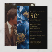 ブルーフローラブラック&金ゴールド50周年記念写真 招待状 (正面/裏面)