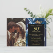 ブルーフローラブラック&金ゴールド50周年記念写真 招待状 (スタンド正面)