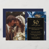 ブルーフローラブラック&金ゴールド50周年記念写真 招待状 (正面/裏面)