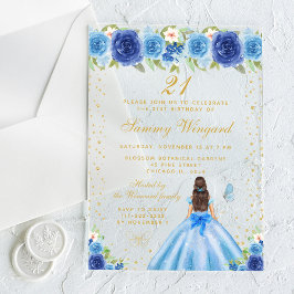 ブルーフローラブルネットヘアプリンセスバースデーパーティー アクリル招待状