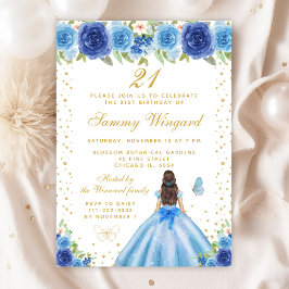 ブルーフローラブルネットヘアプリンセスバースデーパーティー 招待状