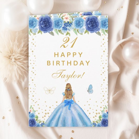 ブルーフローラブロンドヘアガールハッピーバースデー カード