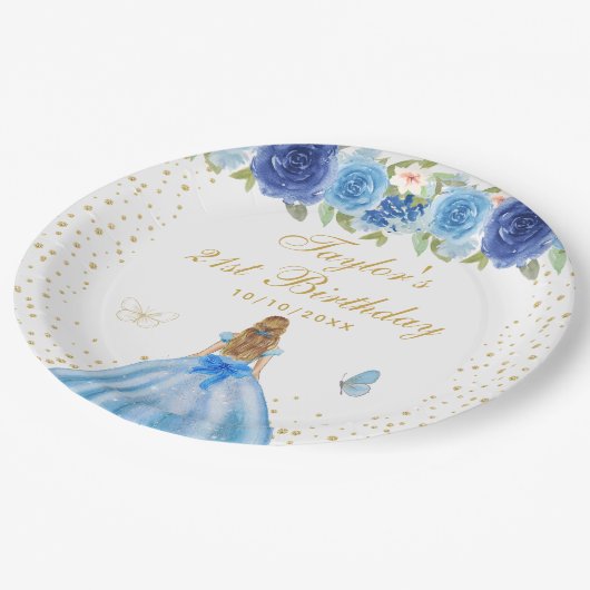 ブルーフローラブロンドヘアプリンセスバースデーパーティー ペーパープレート (アングル)