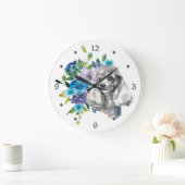 ブルーフローラブーケグレープードルドッグ ラージ壁時計 (ホーム)