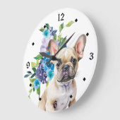 ブルーフローラブーケフランスのブルドッグ ラージ壁時計 (傾斜)