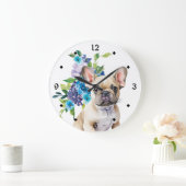 ブルーフローラブーケフランスのブルドッグ ラージ壁時計 (ホーム)