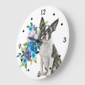 ブルーフローラブーケボストンテリアドッグ ラージ壁時計 (傾斜)