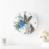 ブルーフローラブーケボストンテリアドッグ ラージ壁時計 (ホーム)