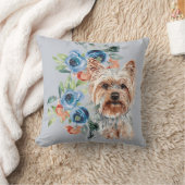 ブルーフローラブーケヨークシャーテリア クッション (ブランケット)