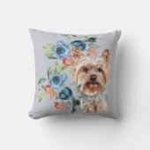 ブルーフローラブーケヨークシャーテリア クッション (正面)