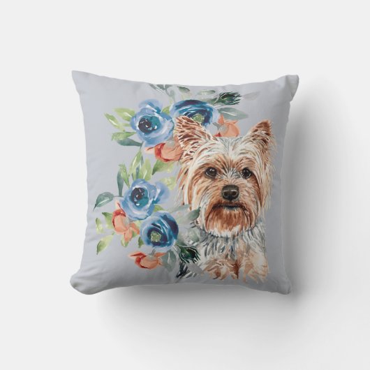 ブルーフローラブーケヨークシャーテリア クッション (正面)