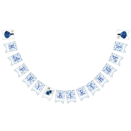 ブルーフローラプリンセスガールバースデーパーティー バンティングフラッグ (全)