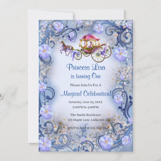 ブルーフローラプリンセスフェアリーテール1st誕生日 招待状 (正面)