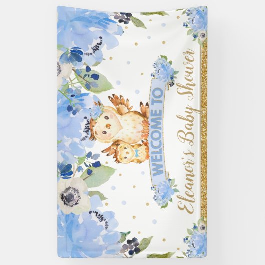 ブルーフローラベビーとモミフクロウ歓迎の背景 横断幕 (縦)