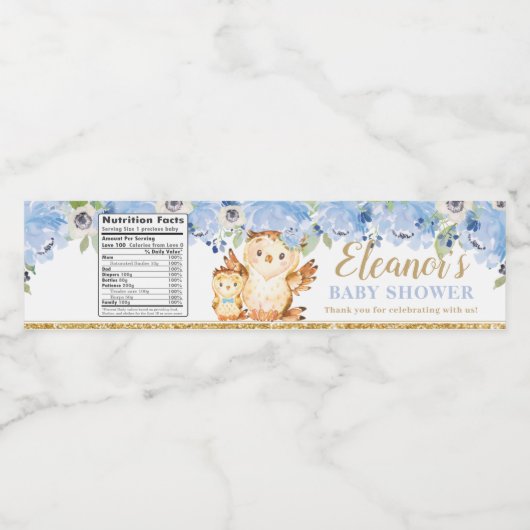 ブルーフローラベビーとモーミフクロウ赤ちゃんシャワーのお願い ペットボトルラベル (シングルラベル)