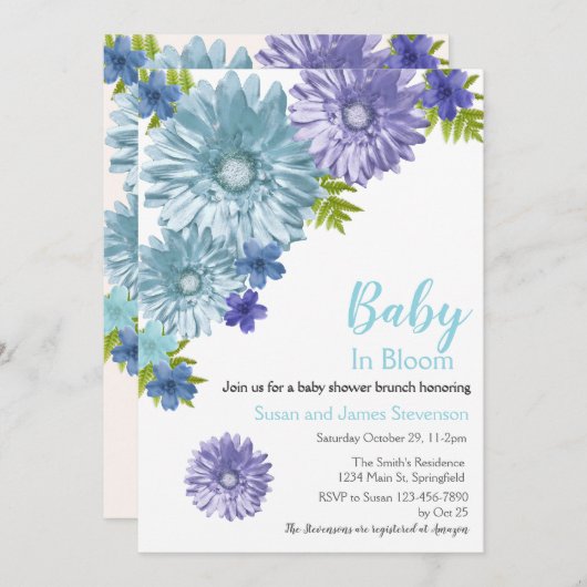 ブルーフローラベビーイン開花ブランチシャワー 招待状 (正面/裏面)