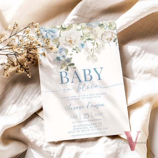 ブルーフローラベビーイン開花ベビーシャワー招待状 招待状