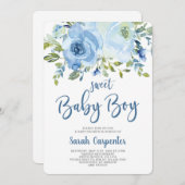 ブルーフローラベビーシャワーボーイの招待 招待状 (正面/裏面)