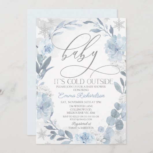 ブルーフローラベビーベビーシャワー外は寒い 招待状 (正面/裏面)