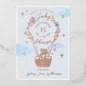 ブルーフローラホットエアバルーンテディベア赤ちゃんシャワー 箔招待状 (正面)