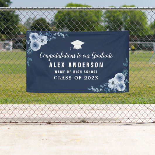 ブルーフローラホワイト文字卒業バナー 横断幕 (インサイチュ)