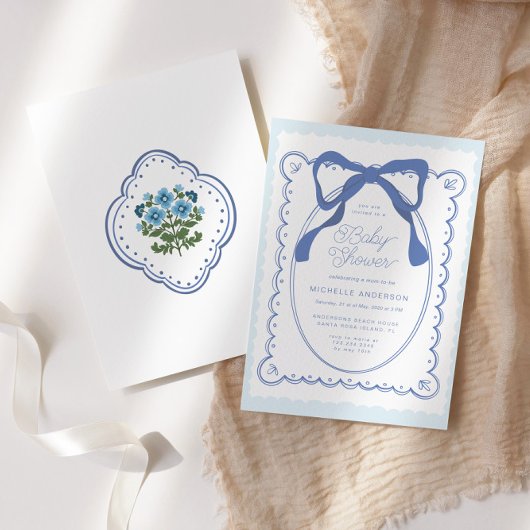 ブルーフローラボウズヴィンテージベビーシャワー 招待状