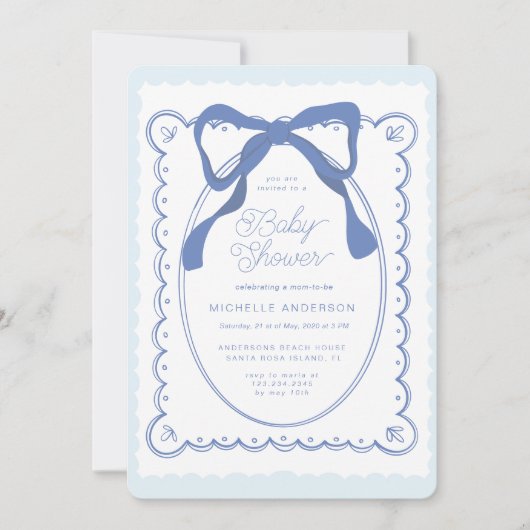 ブルーフローラボウズヴィンテージベビーシャワー 招待状 (正面)