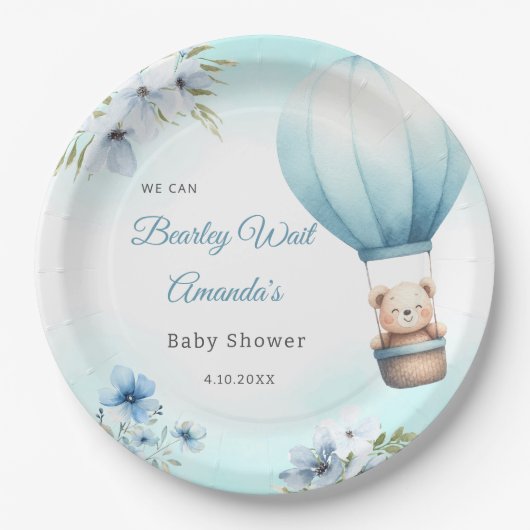 ブルーフローラボホテディベア男の子の赤ちゃんシャワー ペーパープレート (正面)