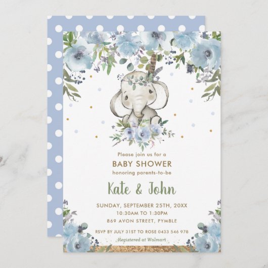 ブルーフローラボホトライバルエレファントボーイベビーシャワー 招待状 (正面/裏面)