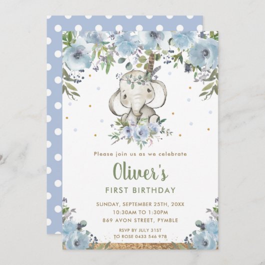 ブルーフローラボホ族ゾウ少年1歳の誕生日 招待状 (正面/裏面)