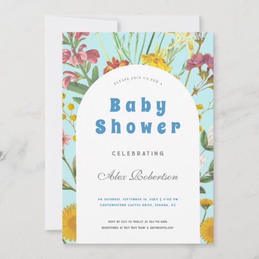 ブルーフローラボーイエレガントスクエアベイビーシャワー 招待状 (正面)